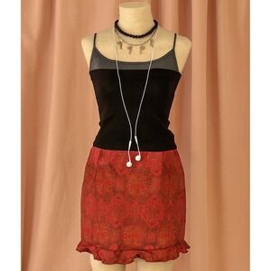 Vintage Y2K Stringbean Womens Red Satiny Floral Ruffle Hem Skirt sz 3 Dainty USA